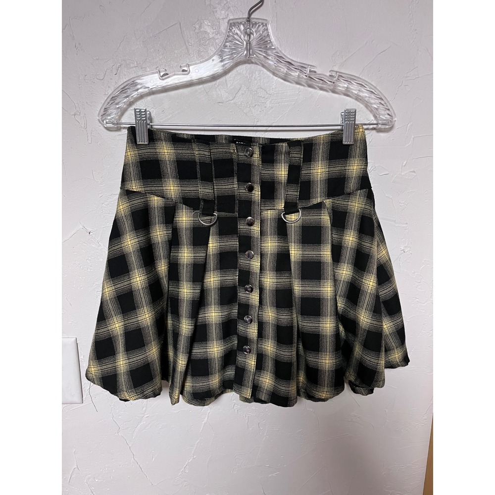 Vintage Hot Topic Yellow Black Plaid Pleated Mini Skirt D-Ring Size SM‎